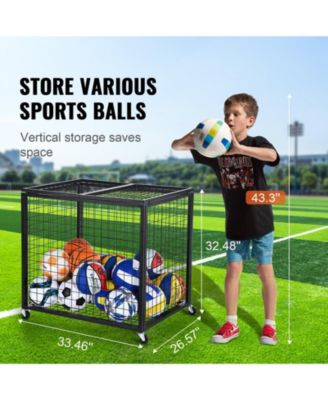 Rolling Sports Ball Storage Cart with Double Lid, Steel Equipment Organizer for Garage and Gym