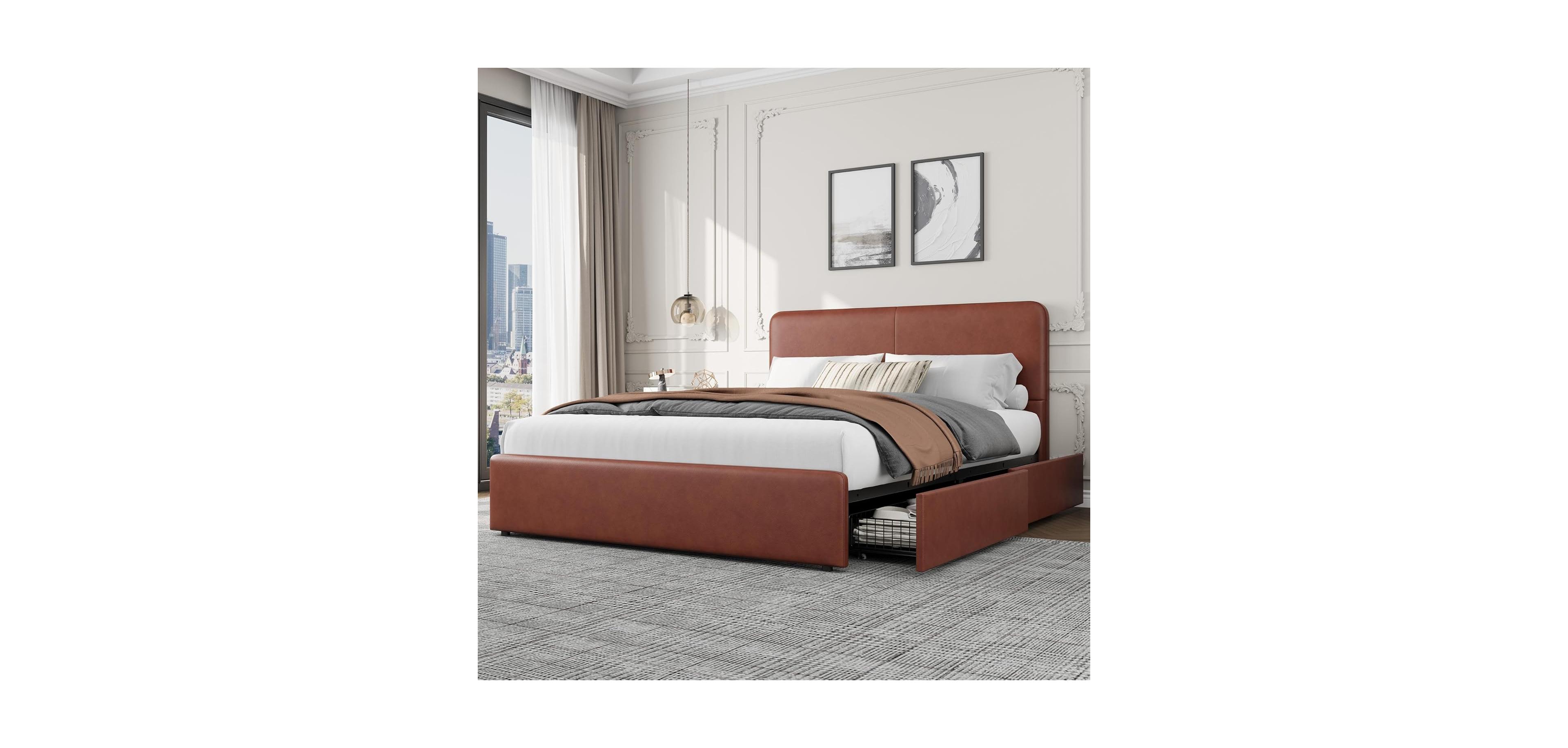 gaomon Queen Size Double Drawer Soft Bag Bed, Pu Upholstered Bed with Spacious Storage, Soft and Comfortable Mattress, No Box Spring Needed