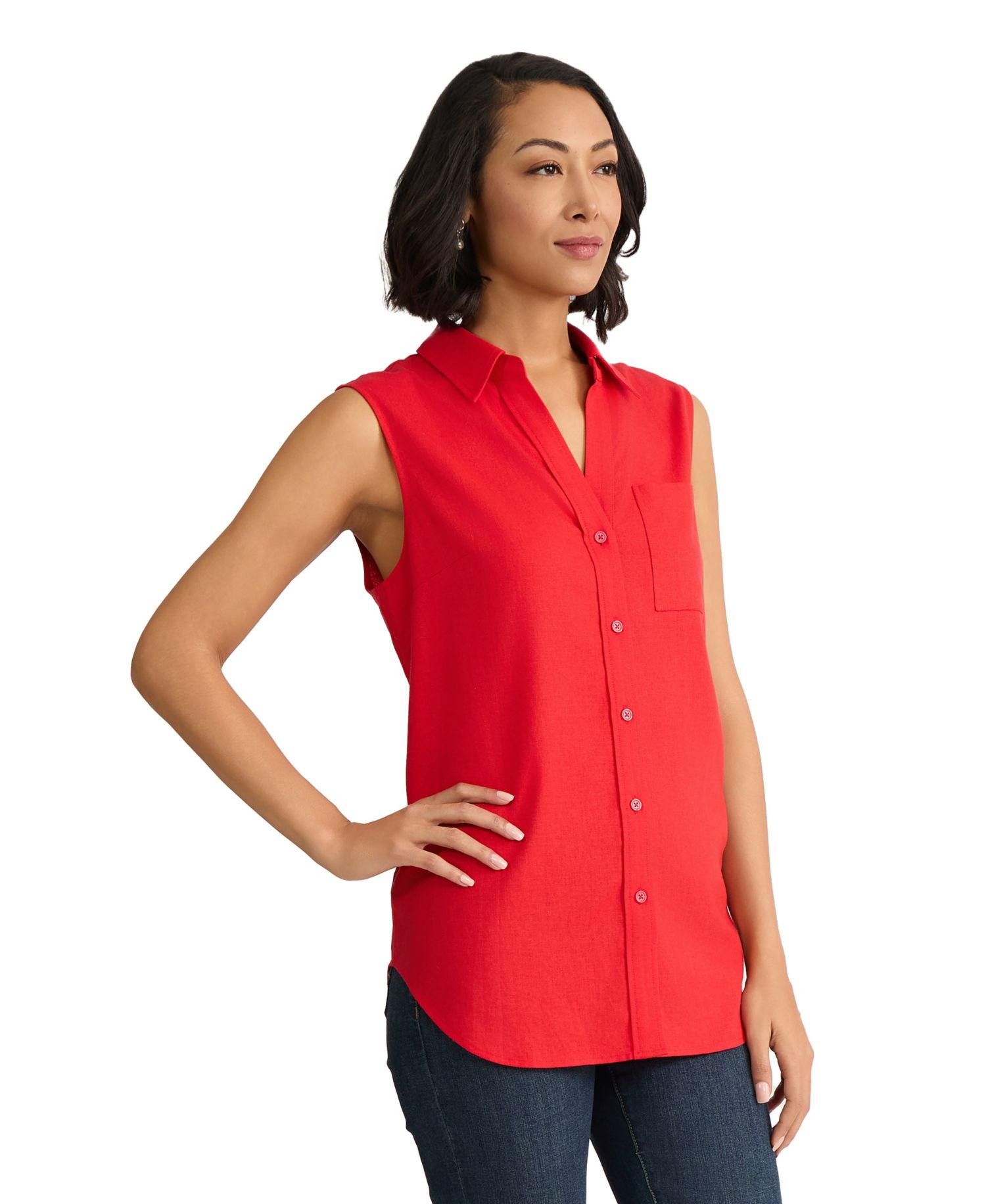 Women's Sleeveless Linen-Blend Button Down Top