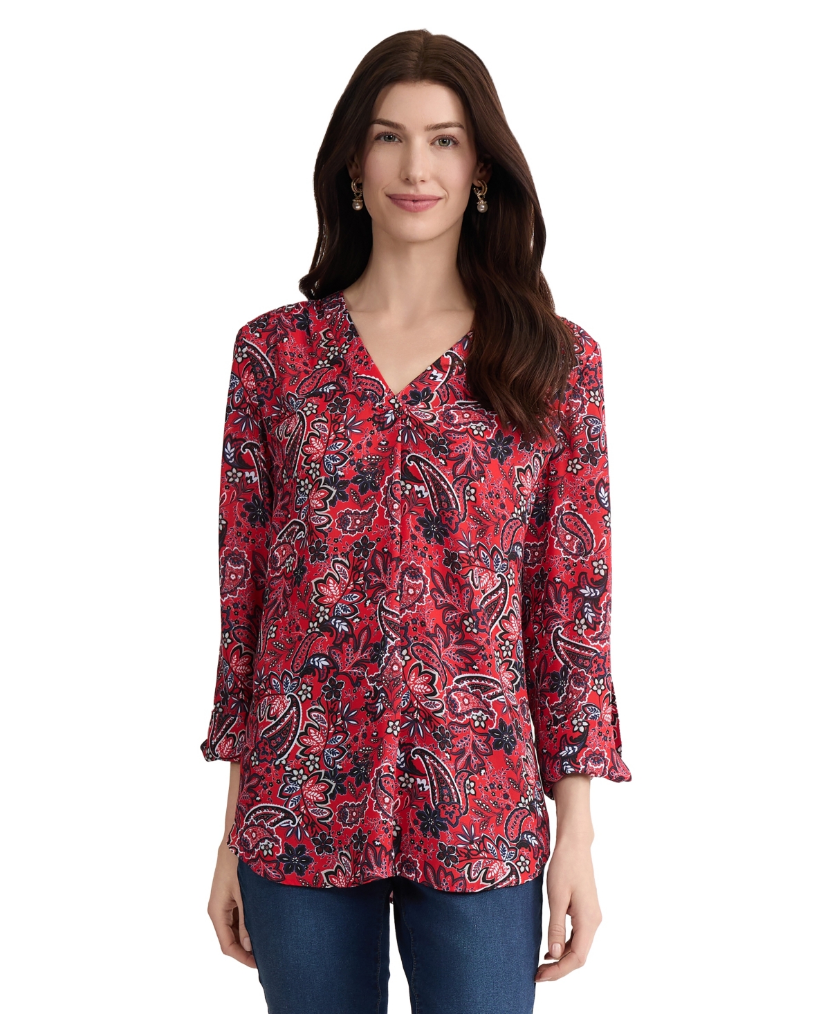 Jones New York Women's Long-Sleeve V-Neck Printed Polyester Top