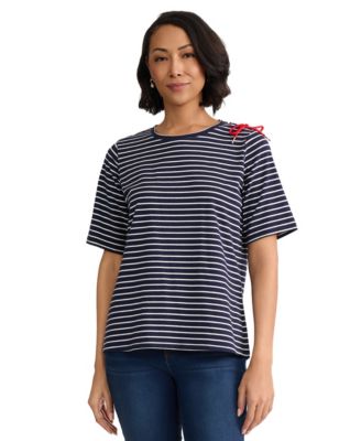 Women's Short Sleeve Striped Shoulder Tie Detail Top