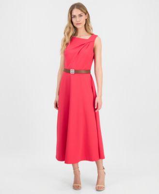Women's Asymmetric-Neck Belted Midi Dress