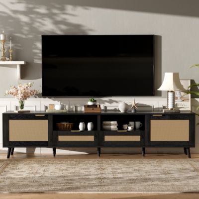 78.8" Cabinet With Storage Rattan TV Stand & Open Shelf