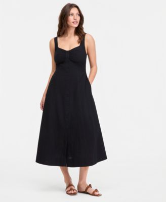 Women's Cotton Sweetheart-Neck Button-Front Midi Dress