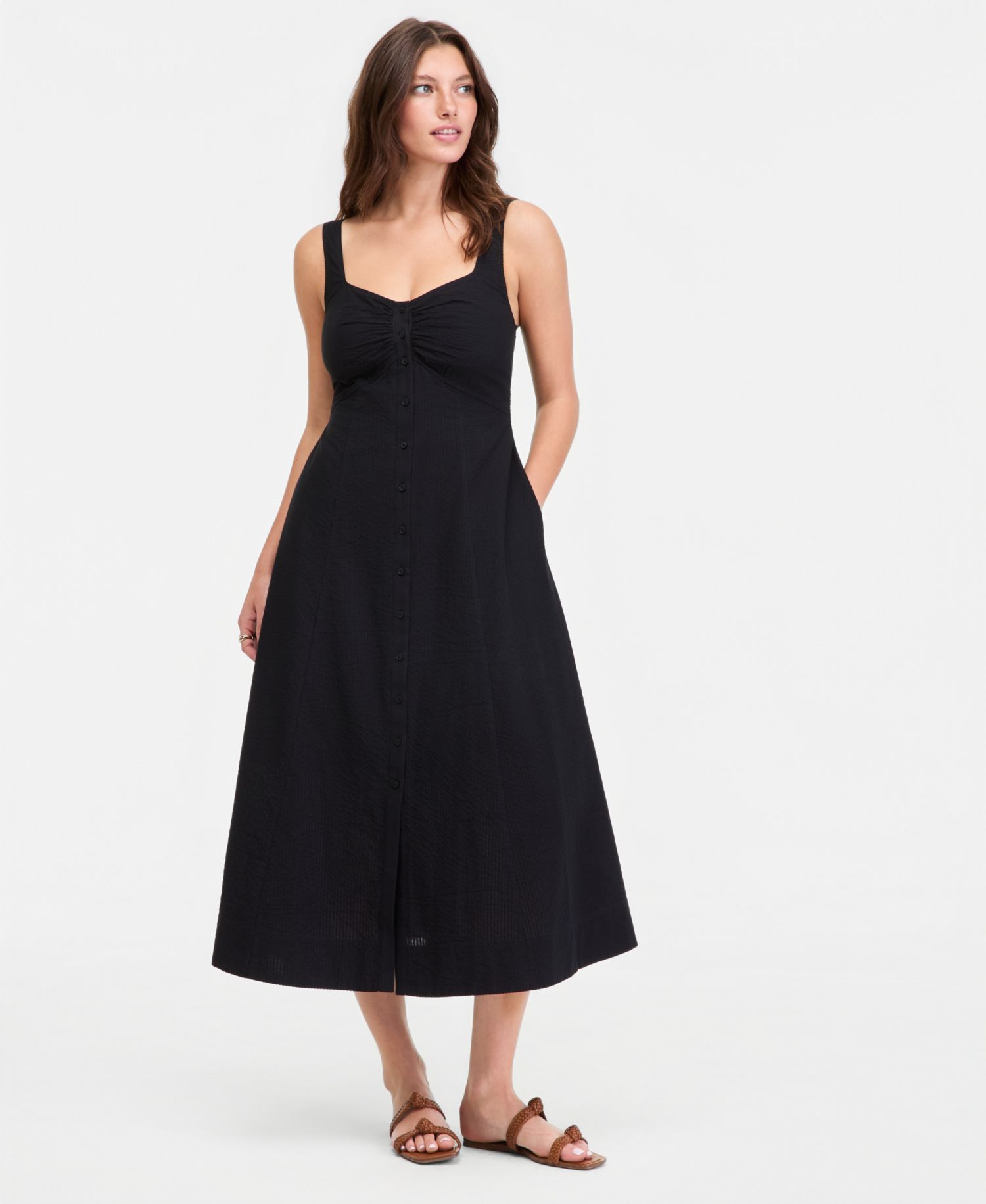 Women's Cotton Sweetheart-Neck Button-Front Midi Dress