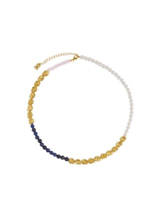 Ottoman Hands Waterproof Lapis and Pink Jade Beaded Necklace - Gold