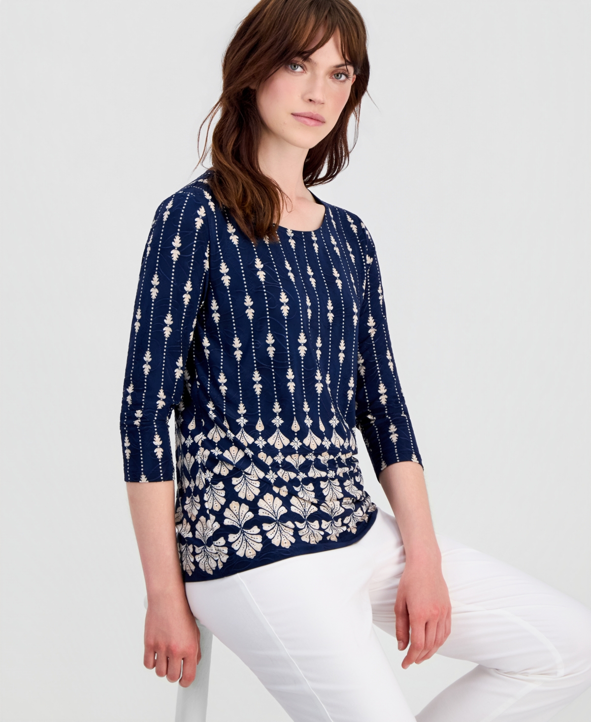 Jm Collection Women's Printed 3/4-Sleeve Scoop-Neck Jacquard Top, Macy's Exclusive