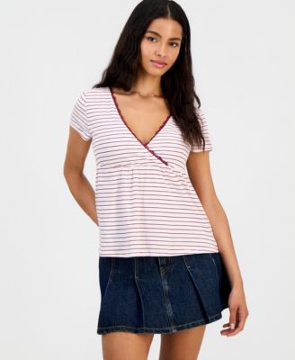 Juniors' Surplice-Neck Babydoll Top
