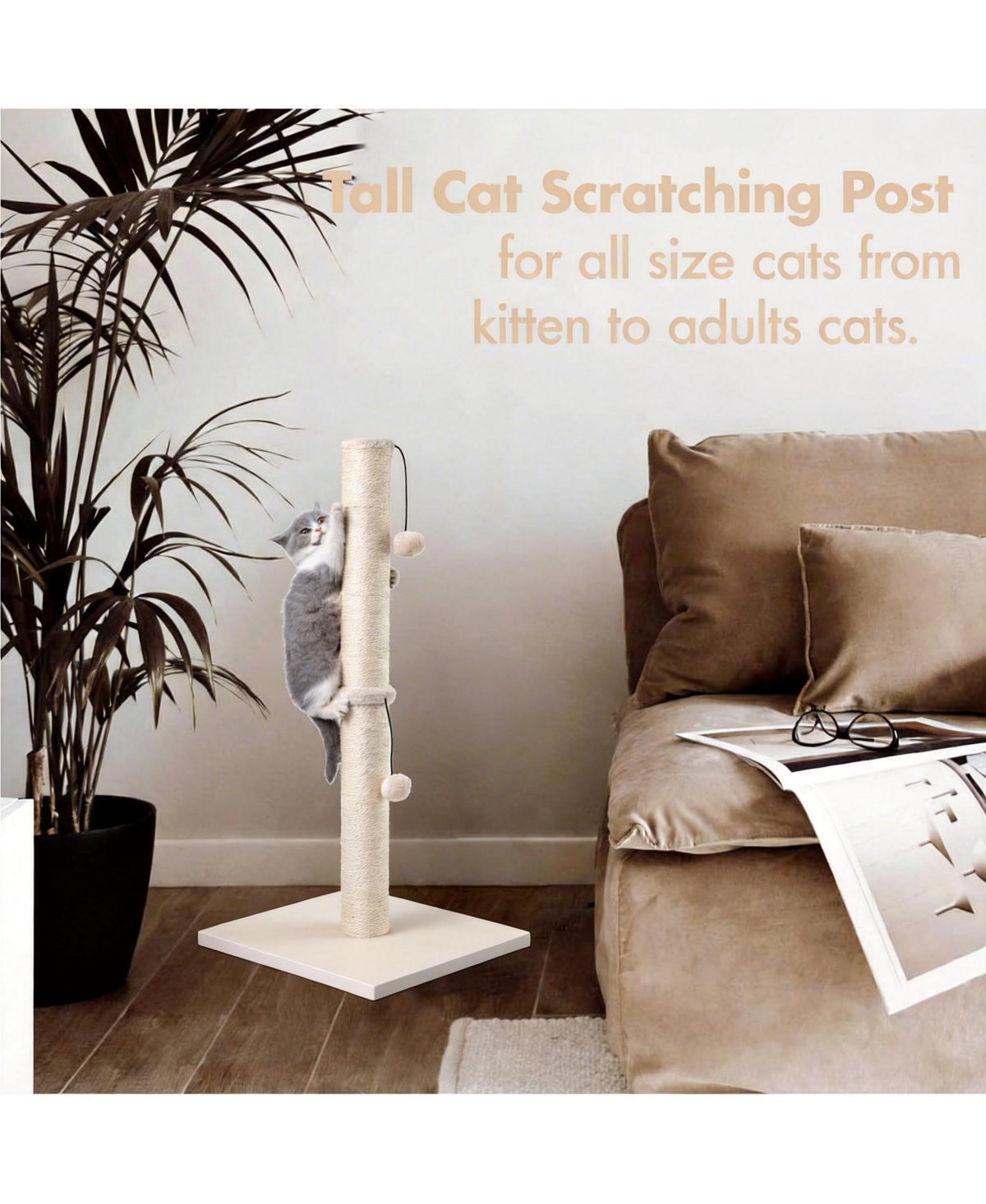 Aronkl 34" Tall Cat Scratcher Sisal Post Tree with Hanging Ball for Indoor Cats