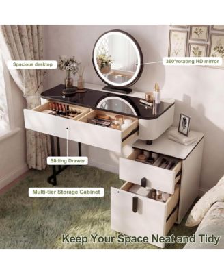 Modern Vanity Table with Mirror and Lights - Makeup Vanity with Glass Top, 4 Drawers and Reversible Adjustable Side Cabinet for Bedroom