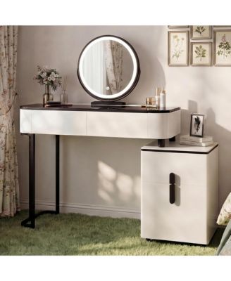 Modern Vanity Table with Mirror and Lights - Makeup Vanity with Glass Top, 4 Drawers and Reversible Adjustable Side Cabinet for Bedroom