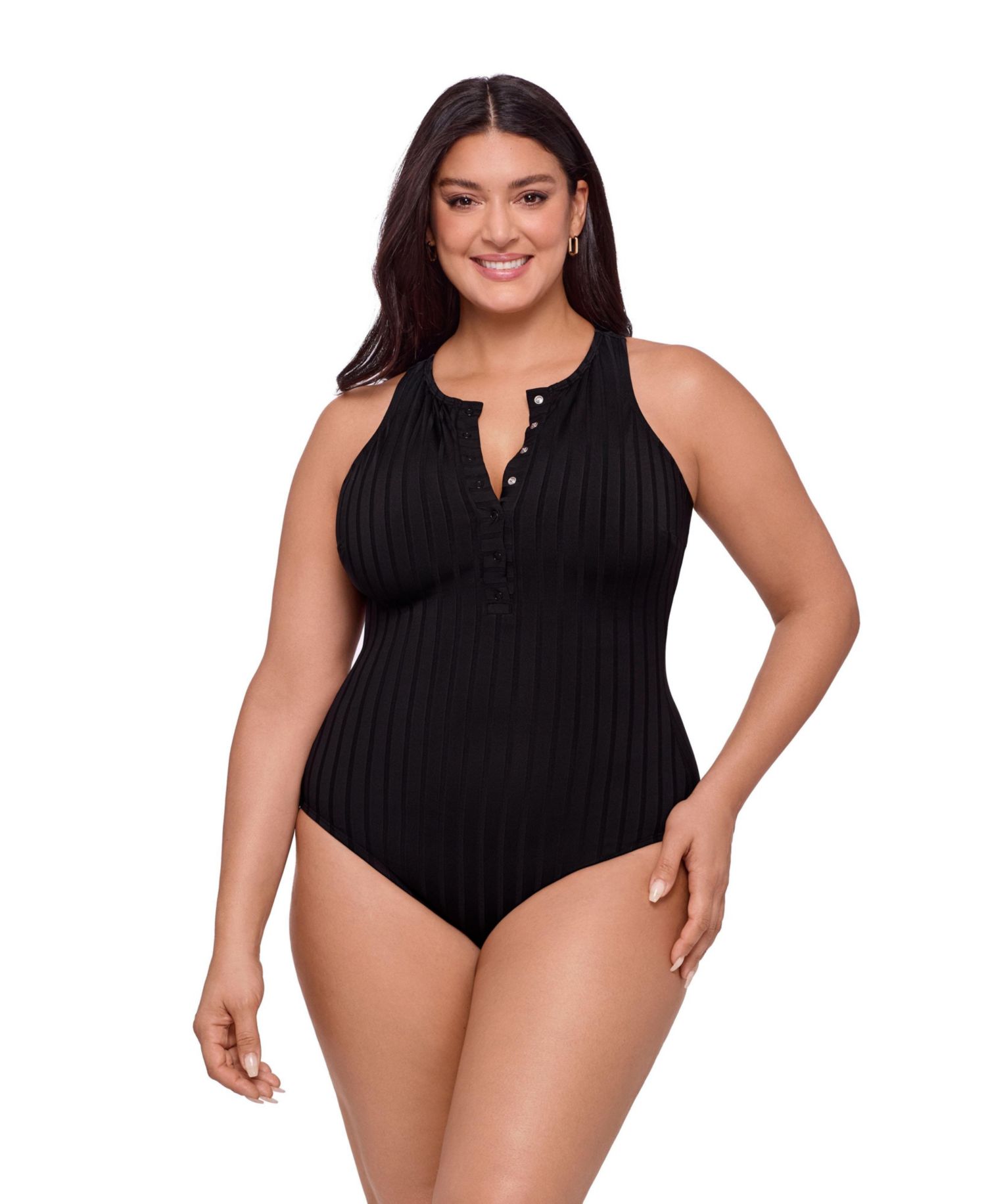 Women's Smoothing and Sculpting Wide Rib Snap High Neck One-Piece Swimsuit