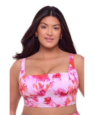 Women's S3 Supportive Square Neck Lace Back Midkini Swimsuit Top - Pink Riviera Floral