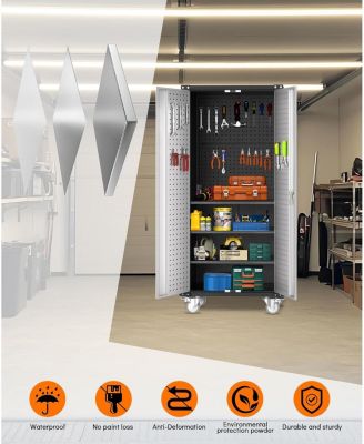 72-Inch Steel Metal Storage Cabinet with Wheels, Lockable Rolling Garage Organizer with Pegboard and 4 Adjustable Shelves