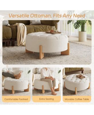 32" Round Tufted Ottoman, Chenille Footrest with Solid Wood Legs