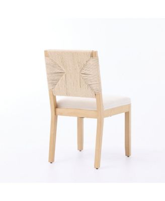Set of 2 Rope Rattan Dining Chairs with Wood Frame and Linen Seat