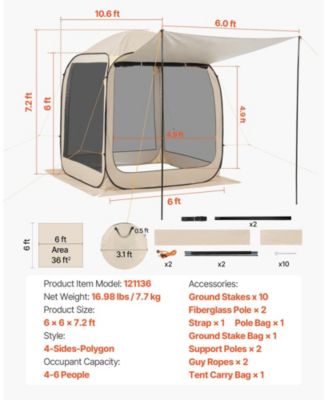 6 x 6 Ft Pop-Up Screen House Tent with Awning for 4-6 People