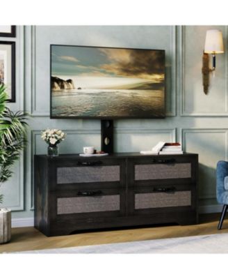rattan TV stand with mount, 4 drawer dresser console for TVs up to 70'', farmhouse wooden media unit for living room or bedroom.
