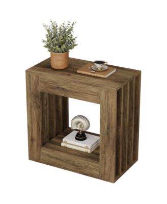 End Table, Farmhouse Narrow Side Table with Storage Shelf, Rustic Square Nightstand Bedside