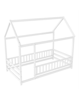 Wooden Floor Bed With House Roof Frame And Fence Guardrails White For Kids