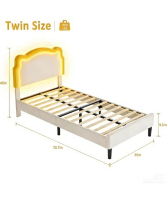 Twin Upholstered Smart LED Bed Frame with Velvet Princess Headboard and Wooden Slat Support, No Box Spring Needed