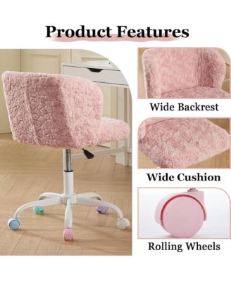 Faux Fur Office Chair - Adjustable Swivel Desk Chair, Fluffy Computer Chair with Colorful Wheels and Metal Base for Home Office