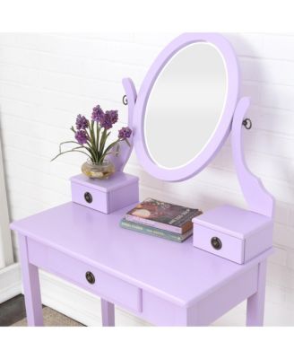 Wood Makeup Vanity Desk and Stool Set - Dressing Table with Mirror and 3 Storage Drawers for Bedroom