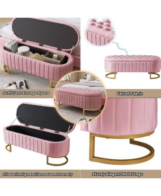Velvet Upholstered Storage Ottoman - Button-Tufted, Golden Metal Legs, Storage Bench for Bedroom, Living Room
