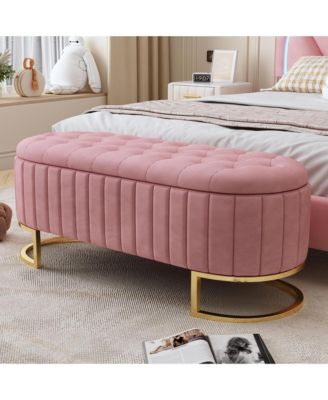 Velvet Upholstered Storage Ottoman - Button-Tufted, Golden Metal Legs, Storage Bench for Bedroom, Living Room