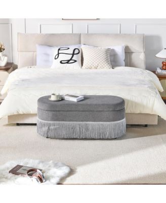 Oval Storage Ottoman, Upholstered Footrest with Fringe Trim, Hidden Storage and Metal Frame for Living Room, Bedroom