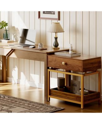 Nightstand with Drawer and Open Shelf, Sofa Side Table with Gold Metal Frame, Modern Bedside Table for Bedroom and Living Room