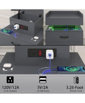 Wood Nightstand with Adjustable LED Light Strip, Modern Bedside Table with 2 Drawers and Open Storage Compartment, Side End Table for Bedroom