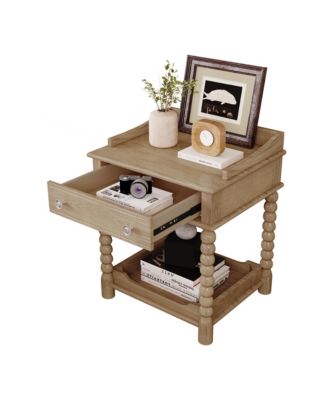 Retro Style Nightstand with Drawer and Open Shelf, Wooden Bedside Table with Turned Legs and Metal Handle for Bedroom, Living Room