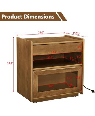 Nightstand with Charging Station and Outlet Hole, Mid Century Modern Bedside Table with Open Shelf, End Table for Living Room