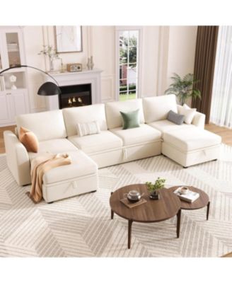 Sectional Sleeper Sofa with Pull-Out Bed, Chenille Modular Couch with Storage and 2 Ottomans