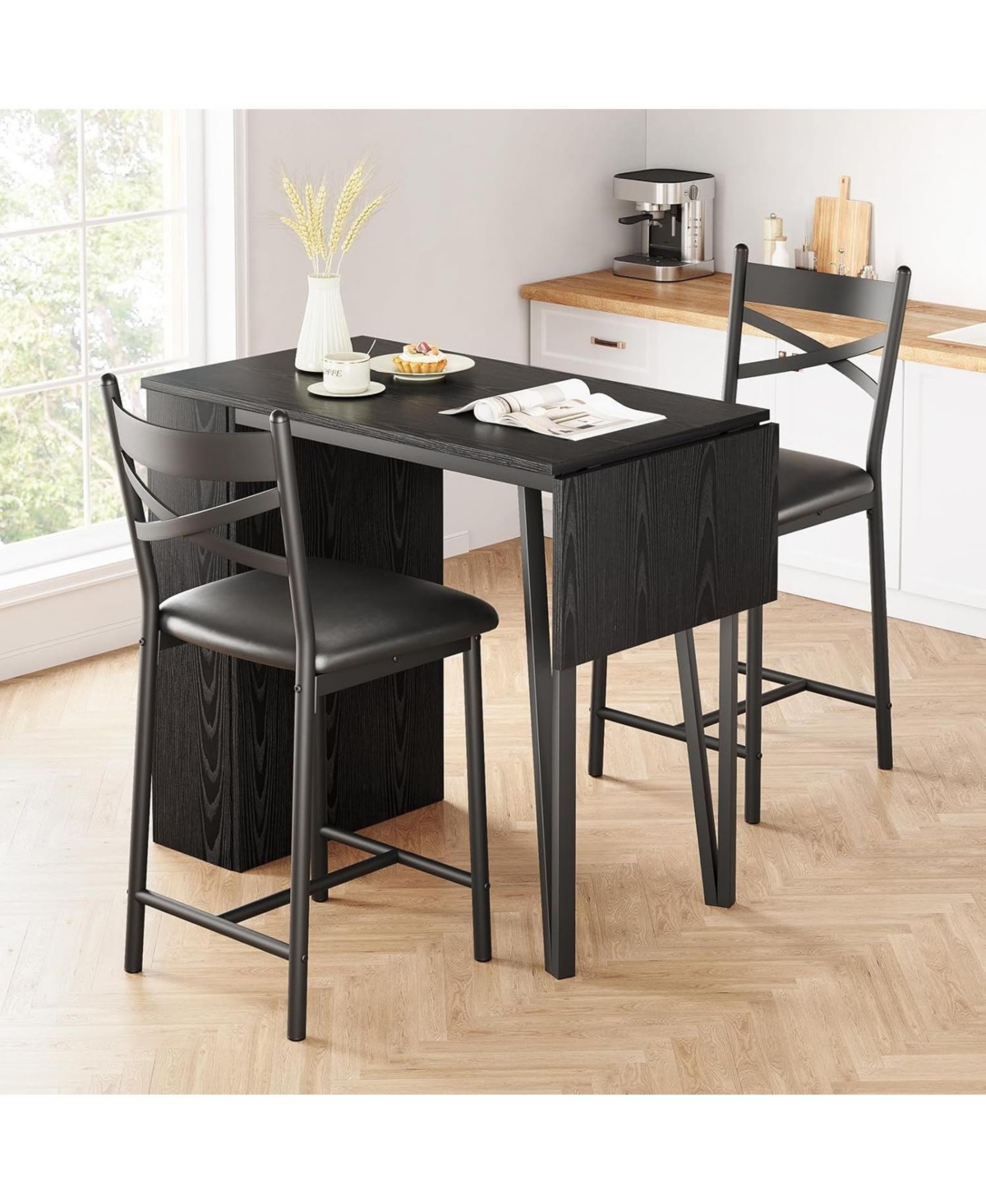 gaomon Bar Table Set of 2 with 3 Storage Shelves, Extendable Dining Table with 2 Cushioned Chairs