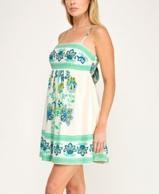 Juniors' Sleeveless Tie-Back Border Printed Linen Dress