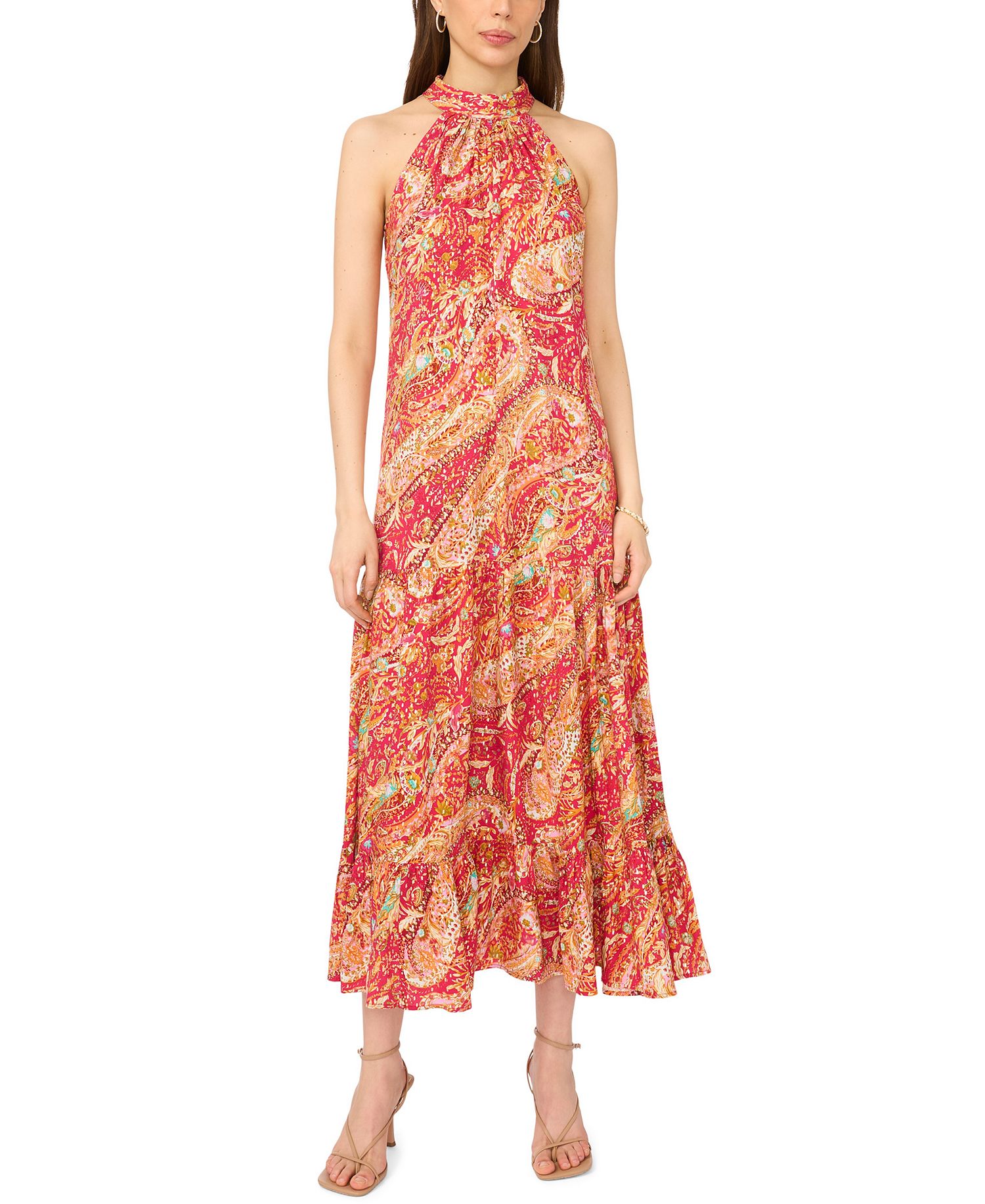 MSK Women's Halter Neck Tiered Maxi Dress (Size: S-XL in Red Violet)