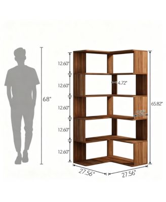 6-Tier L-Shaped Corner Bookshelf 66" Tall Wooden Freestanding Open Shelf