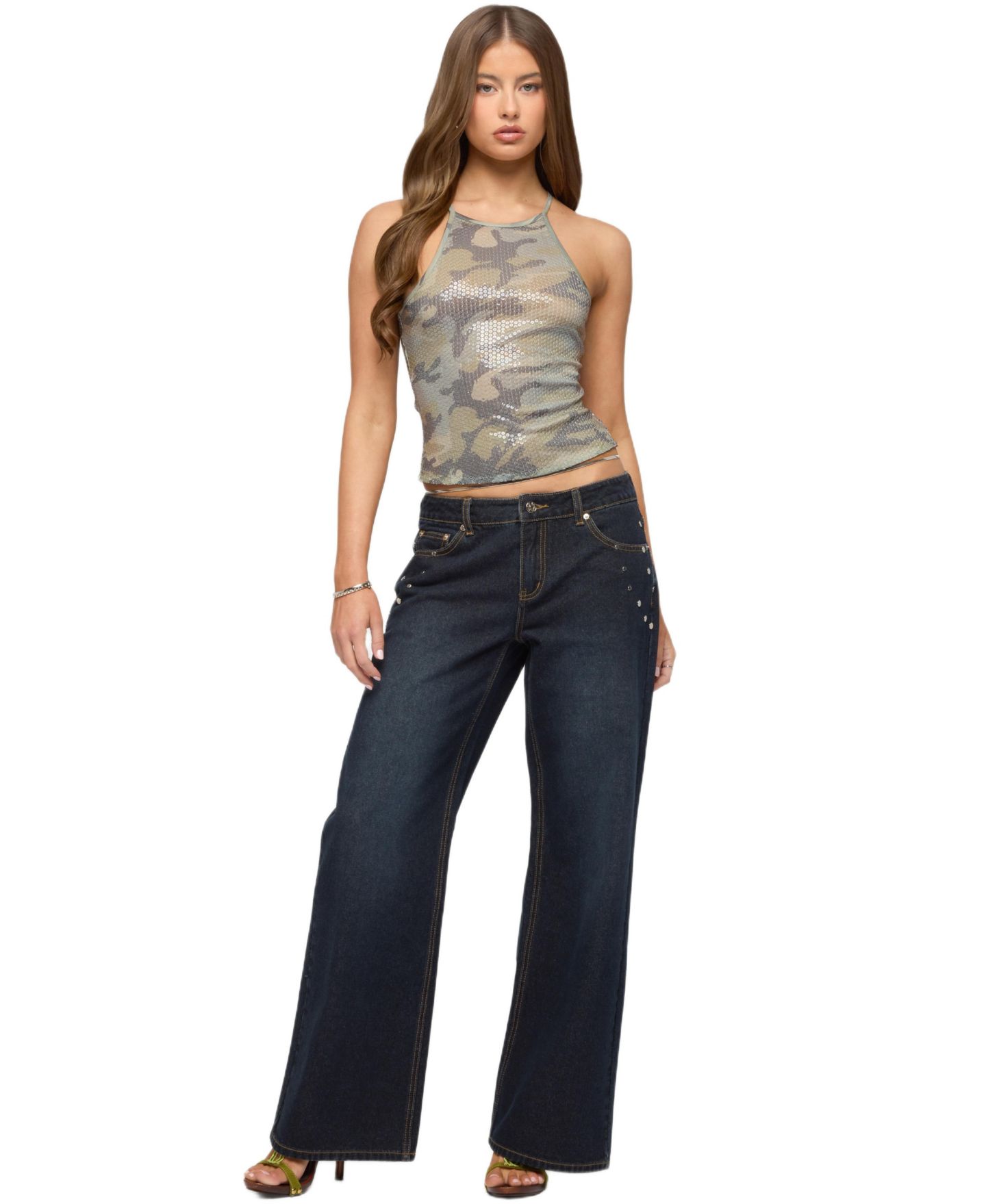 Женские джинсы Edikted Spiral Studded Low Rise Baggy, цвет: Тёмный синий потёртый — фото 3