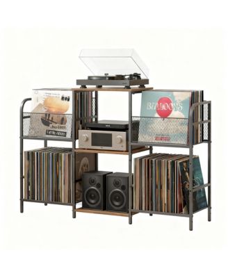 Record Player Stand Vinyl Storage 350+ Albums Power Outlets