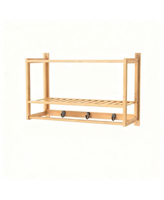 Bamboo Wall Shelf With Towel Bar Ventilated Storage Rack
