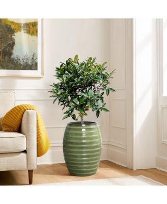 17.7" Tall Ceramic Planter Pot for Indoor Outdoor Plants with Ribbed Texture, Large Garden Plant Pots with Drainage Hole, Green