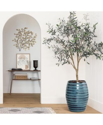 17.7" Tall Ceramic Planter Pot for Indoor Outdoor Plants with Ribbed Texture, Large Garden Plant Pots with Drainage Hole, Blue