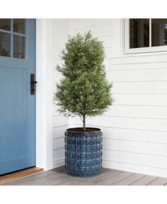 14" Tall Ceramic Planter Pot for Indoor Outdoor Plants with Geometric Texture, Large Garden Plant Pots with Drainage Hole, Blue