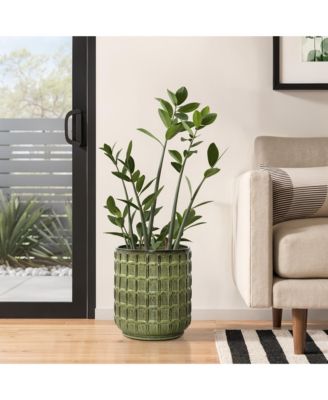 14" Tall Ceramic Planter Pot for Indoor Outdoor Plants with Geometric Texture, Large Garden Plant Pots with Drainage Hole, Green