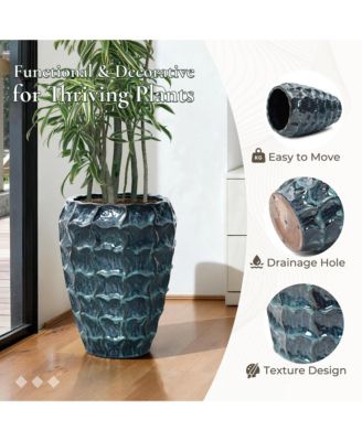 14" Tall Ceramic Planter Pot for Indoor Outdoor Plants with Geometric Texture, Large Garden Plant Pots with Drainage Hole, Blue