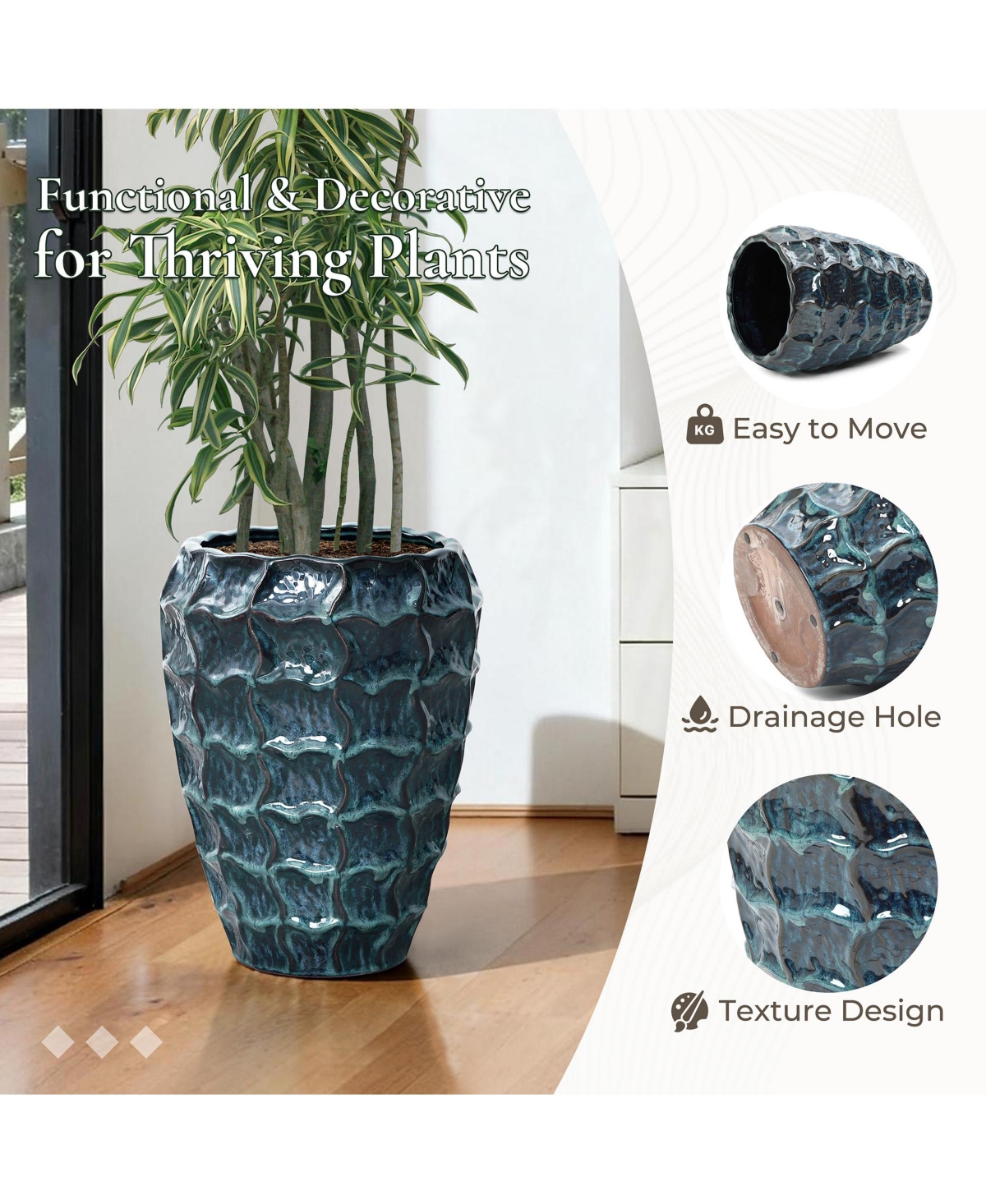 LuxenHome 14" Tall Ceramic Planter Pot for Indoor Outdoor Plants with Geometric Texture, Large Garden Plant Pots with Drainage Hole, Blue