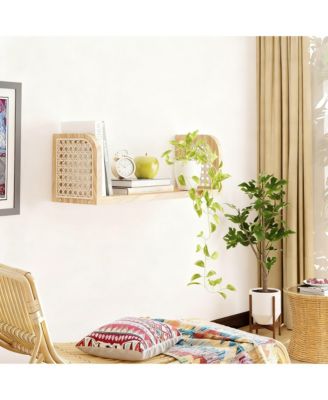 Rattan Wall Shelf Wooden Floating Storage Boho Decorative