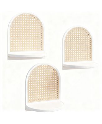 Rattan Wall Shelf Set of 3 7" Wicker Decor Boho Floating Shelves Plant Display